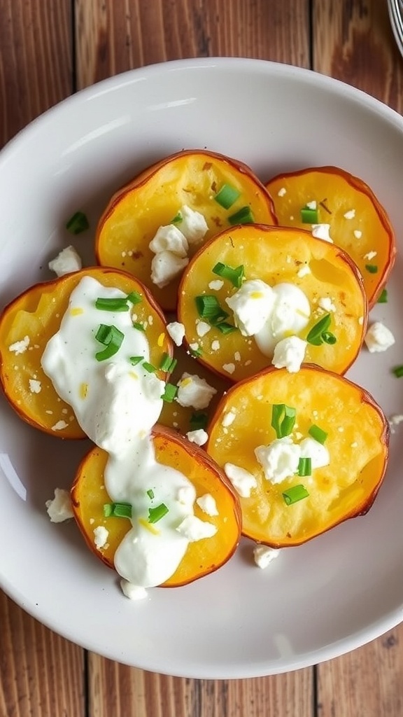 Smashed potatoes with Greek yogurt and feta dressing, garnished with herbs on a rustic table.
